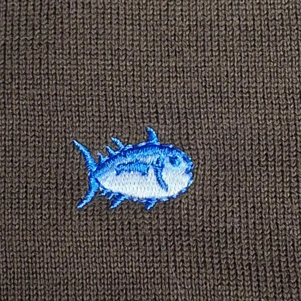 Title: Southern Tide Cotton V Neck Sweater Brown Blue Fish Logo Preppy Large